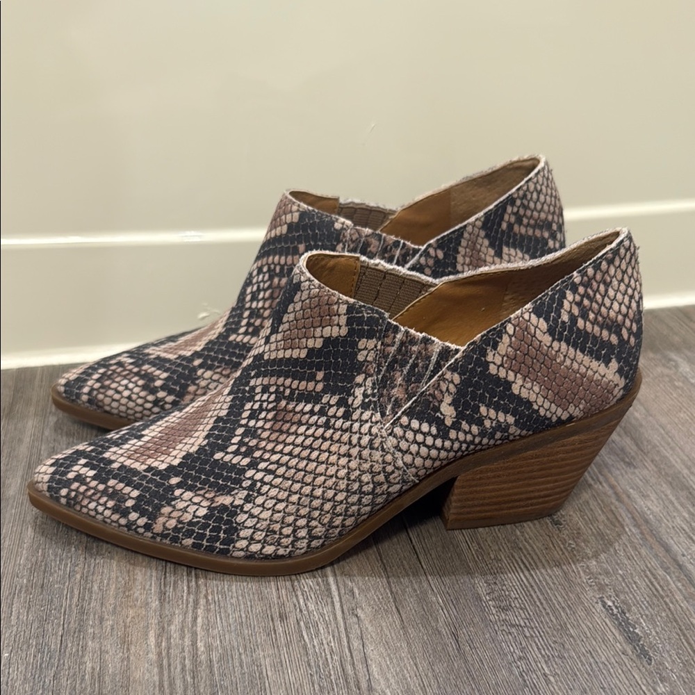 Lucky Brand Tabea Snake Print Ankle Booties with Western Influence